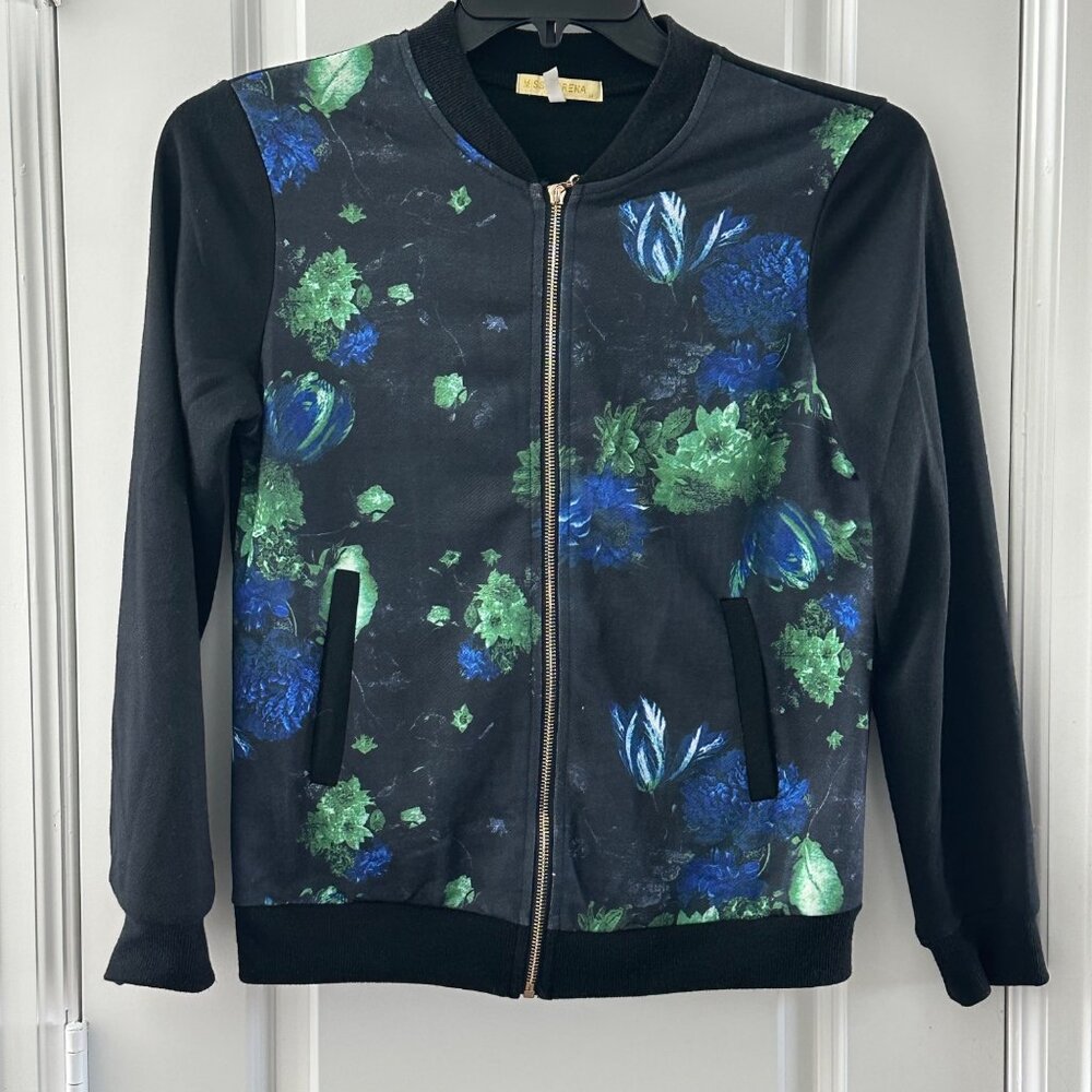 Miss Morena Womens Floral Zip-Up Bomber Jacket Medium Black & Blue Polyester